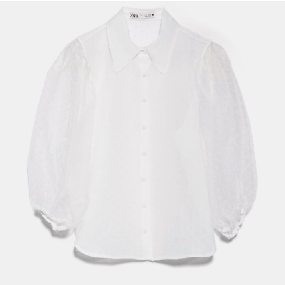 ZARA Elegant White Sheer Polka Dot Blouse TOP LARGE - Picture 5 of 11